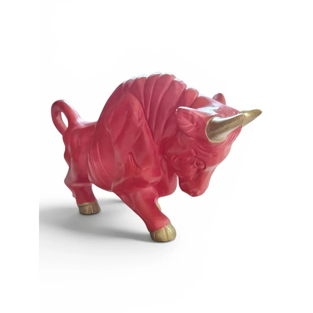 Vintage 1960s Red Ceramic Bull Figurine Mid Century Modern Gold Accents